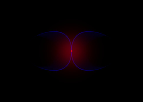 Red dot with four blue lines coming out of top and bottom and curving to the right and left